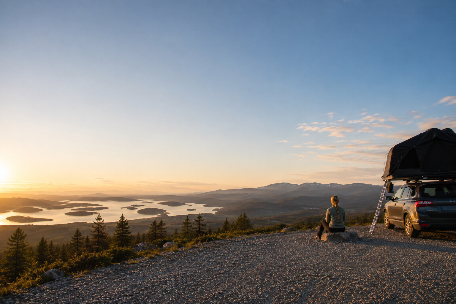 Rooftop camping overlook in Sweden at golden hour